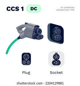 CCS Combo 1 standard charging connector plug and socket. Electric battery vehicle inlet charger detail. EV cable for DC power charge electricity. Isolated vector illustration on white background.