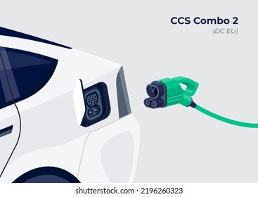 CCS Combo 2 standard charging connector plug and socket. Opened electric battery vehicle inlet charger detail. EV getting plugged with charge DC power electricity supply cable. Vector illustration.