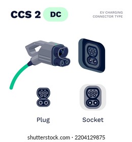 CCS Combo 2 standard charging connector plug and socket. Electric battery vehicle inlet charger detail. EV cable for DC power charge electricity. Isolated vector illustration on white background.