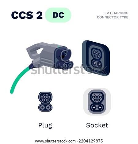 CCS Combo 2 standard charging connector plug and socket. Electric battery vehicle inlet charger detail. EV cable for DC power charge electricity. Isolated vector illustration on white background.