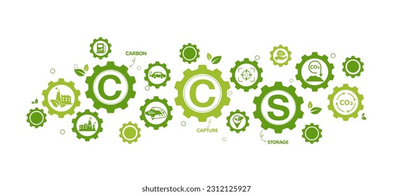 CCS concept, Carbon Capture Storage with icons to drive industry and company to the direction of reduce carbon emissions on green environmental  wheel background. Vector illustration and template.