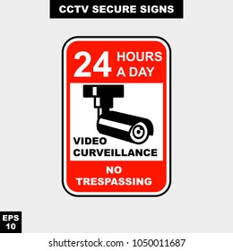 Cctv, alarm, monitored and 24 hour video camera sign in vector style version, easy to use and print