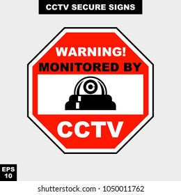 Cctv, alarm, monitored and 24 hour video camera sign in vector style version, easy to use and print