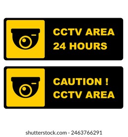 CCTV area 24 hours illustration sign printable to sticker or plat with black yellow background. restrict area. surveillance camera 24 hours. security 24 hours