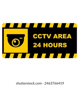 CCTV area 24 hours illustration sign printable to sticker with black yellow background. restrict area. surveillance camera 24 hours. restrict area. alert. monitoring cam