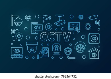 CCTV blue horizontal illustration. Vector closed-circuit television concept banner in linear style on dark background