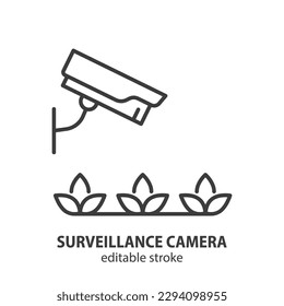 CCTV cam monitoring line icon. Surveillance camera outline vector illustration. Smart farming symbol. Editable stroke.