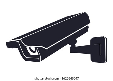 Cctv camera. Black outline flat icon. Vector illustration isolated on white background