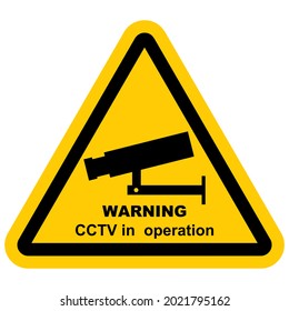 CCTV camera, black sign with text warning CCTV in operation, triangle yelow frame, isolated object, vector icon