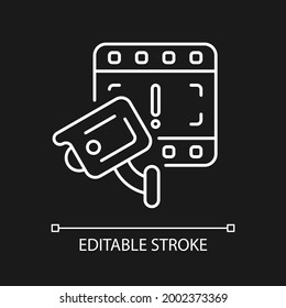 CCTV camera boon to investigation white linear icon for dark theme. Detecting offences. Thin line customizable illustration. Isolated vector contour symbol for night mode. Editable stroke