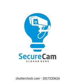 Cámara CCTV con plantilla vectorial de diseño de logotipo en bombilla, símbolo de concepto, icono