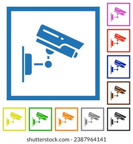 CCTV camera flat color icons in square frames on white background