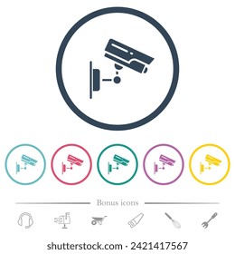 CCTV camera flat color icons in round outlines. 6 bonus icons included.