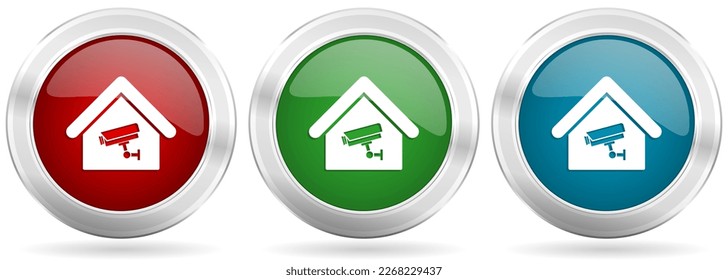 Cctv camera, home security vector icon set. Red, blue and green silver metallic web buttons with chrome border