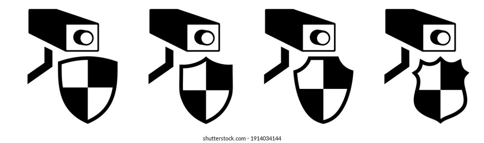 CCTV camera icon behind shield, different versions.  Monitoring protection and security concept