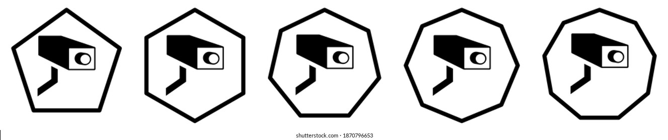 CCTV camera icon in polygons with different number of edges. Surveillance sign
