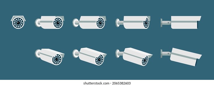 CCTV camera icon set. Security surveillance flat icons. Safety control videcam rotation collection. Video protection system symbols. Vector eps illustration
