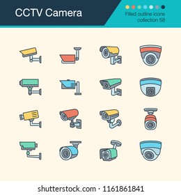 Iconos de la cámara CCTV. Colección de diseño de contorno relleno 58. Para presentación, Diseño gráfico, aplicación móvil, Diseño web, infografía, interfaz de usuario. Ilustración vectorial.