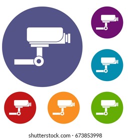 CCTV camera icons set in flat circle reb, blue and green color for web