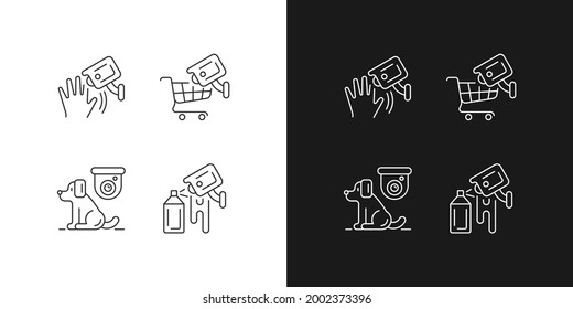 CCTV Camera Installation Linear Icons Set For Dark And Light Mode. Motion Detection. Tracking Customers. Customizable Thin Line Symbols. Isolated Vector Outline Illustrations. Editable Stroke