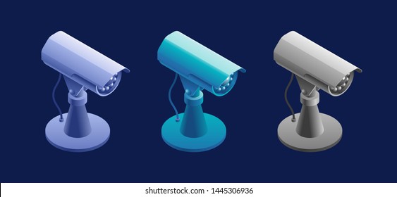 CCTV Camera. Isometric view at a model of a surveillance camera, represented in different color variations.