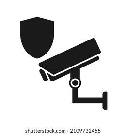 Cctv camera line icon with protection sign.