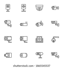 Juego de iconos de línea de la cámara CCtv, colección de símbolos de vector contorno, paquete de pictogramas de estilo lineal. Señales, ilustración del logotipo. Set incluye iconos como webcam, cámara espía, vigilancia por cúpula, cámara de sistema de seguridad