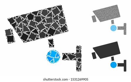 CCTV camera mosaic of raggy elements in different sizes and color tones, based on CCTV camera icon. Vector raggy items are united into collage. CCTV camera icons collage with dotted pattern.
