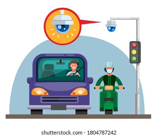 CCTV Camera on traffic light in road street with car and motorbike concept in cartoon flat illustration vector