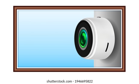 Cctv Camera On Warning Nameplate Poster Vector. Cordless Supervision Safeguard Video Camera. Wireless Electronic Modern Security Device. Guard Watching And Record System Realistic 3d Illustration