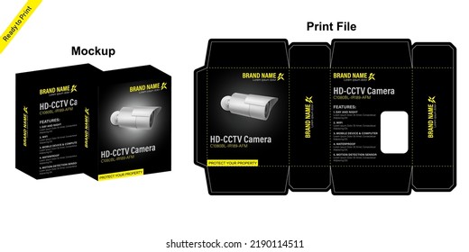 Diseño de caja de empaquetado de cámara CCTV con vectores Dyeline e ilustrador