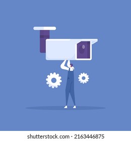CCTV camera repair, installation and maintenance services. a technician is repairing a broken cctv. security camera system installation. work and profession. flat cartoon illustration. concept design