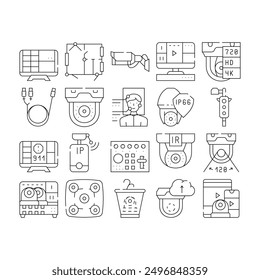 Cctv Camera Security Collection Icons Set Vector. Cctv Camera And Cable, Computer Monitor And Face Identification, Video Recorder And Switcher Black Contour Illustrations