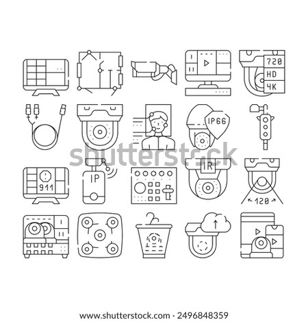 Cctv Camera Security Collection Icons Set Vector. Cctv Camera And Cable, Computer Monitor And Face Identification, Video Recorder And Switcher Black Contour Illustrations