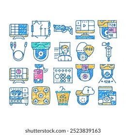 Vector del sistema de los iconos del doodle de la seguridad de la cámara CCTV del arte de la línea del bosquejo Cámara y cable del CCTV, monitor de la computadora y Identificación Video de la cara, grabador y cambiador Ilustraciones del color