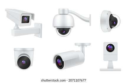 CCTV camera set realistic vector illustration. Collection video surveillance security equipment for control recording and inspection electronic device. Technology for property protection isolated