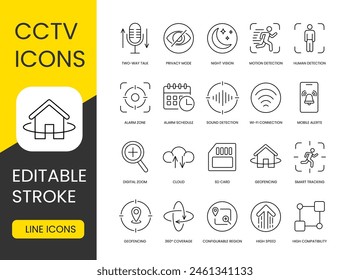 CCTV camera systems vector line icon set with editable stroke for placement on CCTV camera system packaging