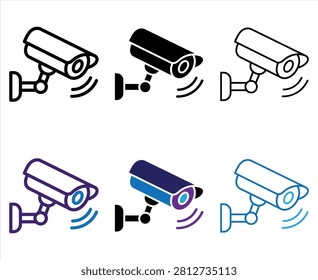Cctv camera vector icons showing wall mounted security hardware. Collection of surveillance equipment symbols in multiple colors and line weights. Technology graphics for safety and monitoring.