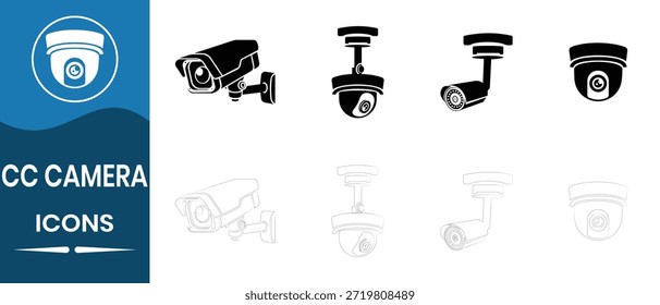 CCTV camera vector, silhouette, icon set. Security camera icon. Video surveillance and safety system, CCTV symbol. Vector illustration.
