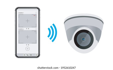 CCTV camera and video surveillance app on screen of smartphone. Wi-Fi dome camera.