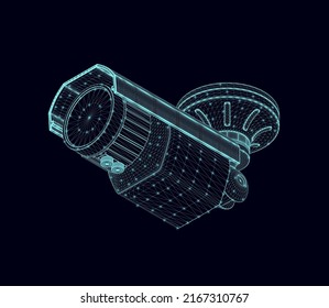 CCTV camera wireframe from blue lines isolated on dark background. Bottom view. 3D. Vector illustration.