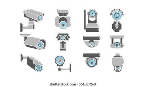 CCTV cameras set on white background. Concept of safety, guardiance, security and observing.
