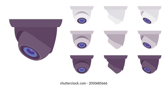 CCTV, closed circuit television equipment set, security surveillance dome camera. Professional video office control, home protection. Vector flat style cartoon illustration, different views and colors