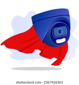 CCTV concept with red flying cloak. CCTV illustration of Super Hero in comic style. Suitable for background, banner, poster about good security concept of CCTV