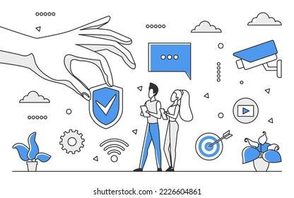 Cctv control system. Video security, digital monitoring technology vector monocolor illustration