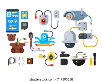 CCTV device of set design flat. Security guard system, camera for surveillance and protection technology, vector illustration