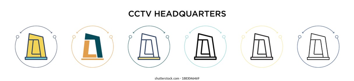 Icono de sede de Cctv en estilo relleno, delgado, contorno y trazo. Ilustración vectorial de dos iconos vectoriales coloridos y negros de cctv se pueden utilizar para móviles, ui, web