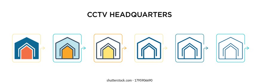 Icono vectorial de la sede Cctv en 6 estilos modernos diferentes. Iconos de la sede de cctv negros, de dos colores, diseñados con un estilo relleno, contorno, línea y trazo. La ilustración vectorial puede utilizarse para la web, 