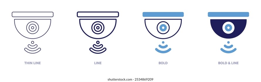 Icono de CCTV en 4 estilos diferentes. Línea delgada, línea, negrita y línea negrita. Estilo duotono. Trazo editable.