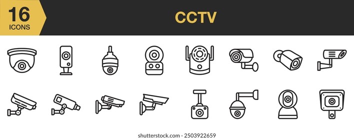 Conjunto de iconos de CCTV. Incluye cámara de seguridad, cámara del tablero de instrumentos, cámara espía, cámara web, CCTV inalámbrico y más. Colección de Vector de iconos de contorno.